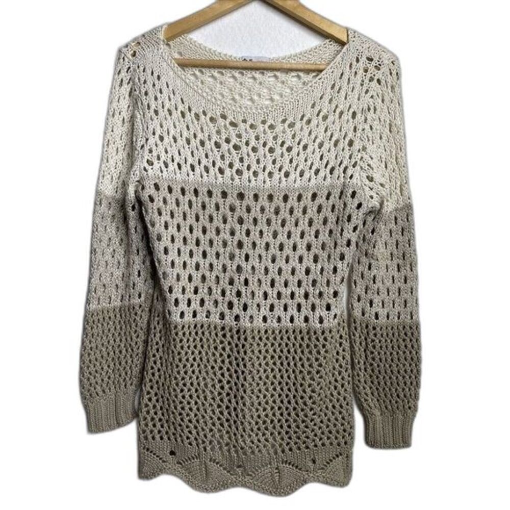 Emporium Open Knit Crochet Tunic Sweater Boho brown color block size medium